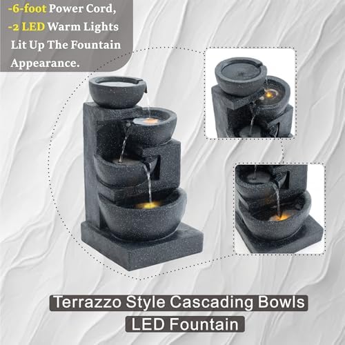 29" H Terrazzo Style Outdoor Water Fountain, 4-Tier Cascading Bowls with Stacked Stone Design and LED Lights, Freestanding Resin Water Feature for Garden Patio Porch - Image 3