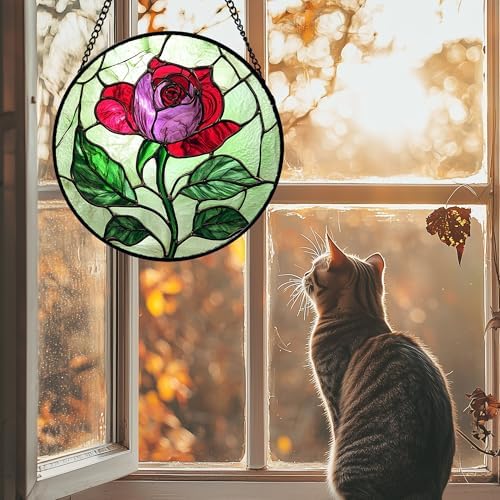 Stained Glass Window Hanging 4 Pcs Set Red Roses Yellow Sunflowers 7.8" - Flower Suncatcher Door Garden Sun Catcher Decor Birthday Mother's Day for Mom Woman Nana Girl - Image 4