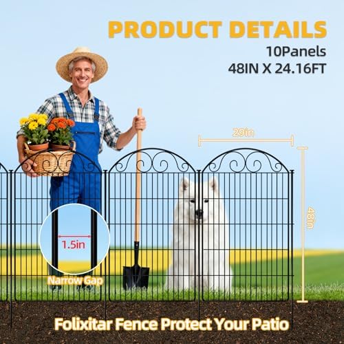 COLRASN 10 Panels No Dig Decorative Garden Dog Fence Outdoor for Yard, 48in(H) x 24.16ft(W) with Latch Tall Animal Barrier Fenceing Panels, Rustproof Ground Stakes Temporary Wire Screen for Patio - Image 2