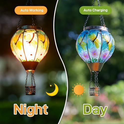 2 Pack Dragonfly Hot Air Balloon Solar Lantern Outdoor Waterproof, Glass Balloon Lanterns for Outside, Decorative Hanging Solar Lights Patio Garden Yard Gift for Women Moms - Image 2