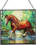 Chestnut Tennessee Walking Horse Stepping Through Shallow Creek Square Suncatcher – Stained Glass Style Window Panel with Scene, Custom Decorative Hanging Art for Equestrian Home, Christmas 9N2Zu1 by Custom