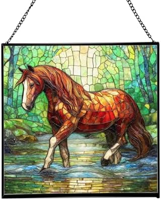 Chestnut Tennessee Walking Horse Stepping Through Shallow Creek Square Suncatcher – Stained Glass Style Window Panel with Scene, Custom Decorative Hanging Art for Equestrian Home, Christmas 9N2Zu1 by Custom