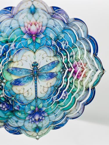 Shwing 12 Inch Dragonfly Wind Spinner Lotus Flower Hanging Decor Blue Purple Mandala Metal Ornament Outdoor Kinetic Garden Art 3D Wind Spinner for Patio Porch Backyard Decoration - Image 3