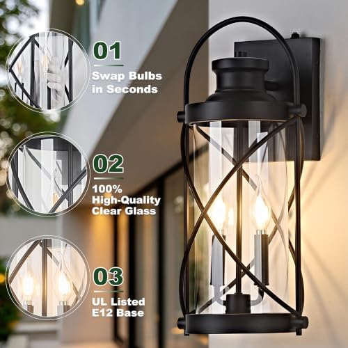 20inch Large Dusk to Dawn Outdoor Wall Lights Fixtures, Waterproof Exterior Lighting Fixtures with Photocell Sensor,Vintage Black Metal Cage Lantern Outside Lights for Porch Patio House Garage（2 Pack） - Image 4