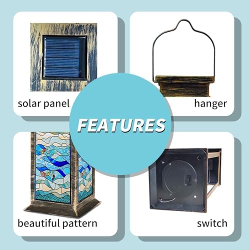 Solar Lantern Stained Glass Window Panel Flowing Waves Colorful Bubbles Blue Tones Outdoor Waterproof Garden Hanging Lantern Solar Powered Lighting Outside Table Lamp for Patio Deck Camping 1 Pack - Image 4