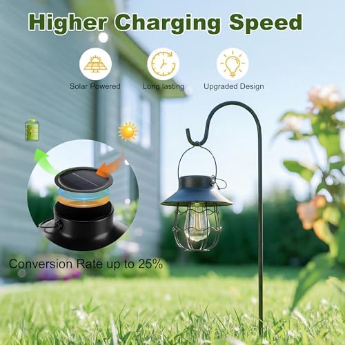 Livinlarge Hanging Solar Lanterns Waterproof,2 Pack Outdoor Metal Solar Lights with Wall Hooks Windproof Hook,Retro Solar Lantern Auto On/Off for Yard Garden Pathway Patio Porch Decor (Black) - Image 2