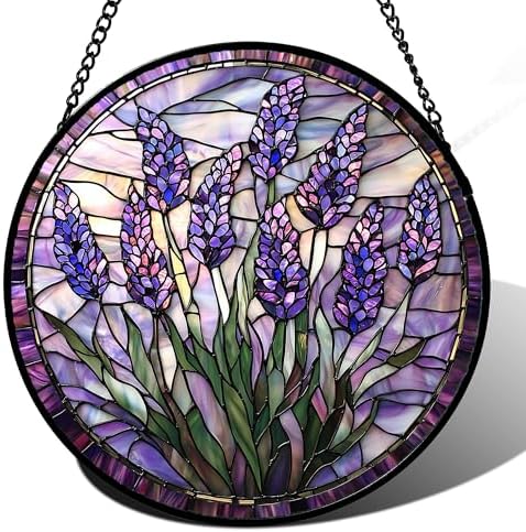 Stained Glass Window Hanging - Purple Flowers Suncatcher for Door Terrace Garden Home Decor Lavender Plant Floral Sun Catcher Birthday Gifts for Lovers Women Men Dad Mom Nana 11.8 in by JOSUMALY