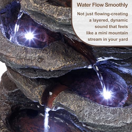 20" Outdoor Water Fountain with Lights, 5-Tiered Cascading Rock Water Fountain, Outdoor Garden Waterfall Decor for Garden, Patio, Courtyard - Image 3