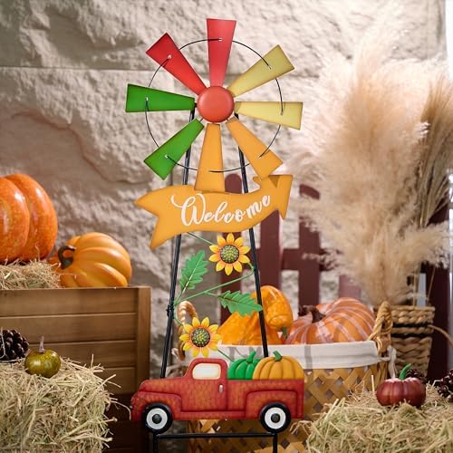 TERESA'S COLLECTIONS Fall Outdoor Decor, Wind Spinners Yard Stakes, Metal Pumpkin Fall Garden Decorations, Thanksgiving Welcome Sign, Rustic Autumn Sunflower Decor for Lawn Patio, 35" - Image 2