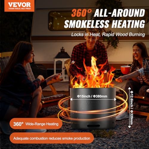 VEVOR Smokeless Fire Pit Stove Bonfire, H: 12.6 in x Dia: 15 in,Wood Burning Fireplaces with Removable Ash Pan, SUS430 Stainless Steel Inner Portable Outdoor Firepit, Ideal for Outdoor Patio Camping - Image 2