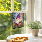 Gnome with Crystal Flowers Stained Glass Suncatcher – Square Hanging Window Panel for Home or Greenhouse – Whimsical Glass Art Gift for Garden Lovers, Christmas, Halloween, Father Days L3qupH - Image 3