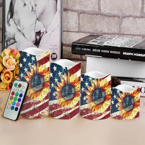 USA Flag and Sunflower Flameless Candles with Remote Control and Color Changing Decorations Indoor Electric Candles for Home Fireplace Kitchen Pack of 4 Fake Candles - Image 4