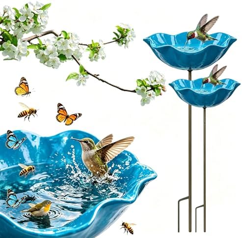 Metal Flower Garden Stakes Bird Bath, Handmade Bee Watering Station for Garden Outside, Mini Pollinator Water Station, Metal Flower Bird Bath Garden Stakes (Blue, 2PCS) by Unknown