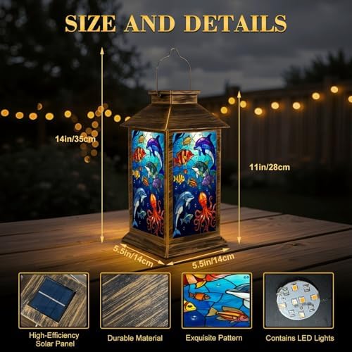Solar Lantern Outdoor Waterproof Colorful Underwater Marine Life Stained Glass Art Dolphins Fish Garden Decor LED Hanging Solar Lights Tabletop Lamp Gifts for Women Mom Outside Yard Patio Porch - Image 2