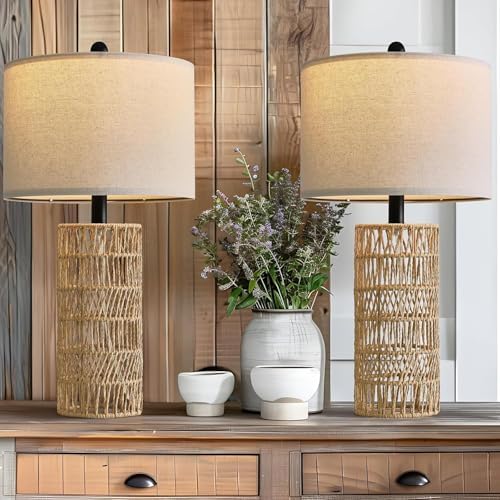 OYEARS 22.5" Boho Table Lamps Set of 2 for Living Room, Bedside Lamp for Nightstands, Rattan Lamp for Bedroom, Farmhouse Table Lamp for Room Decor, End Table, Retro, Brown（Not Include Bulbs） - Image 4
