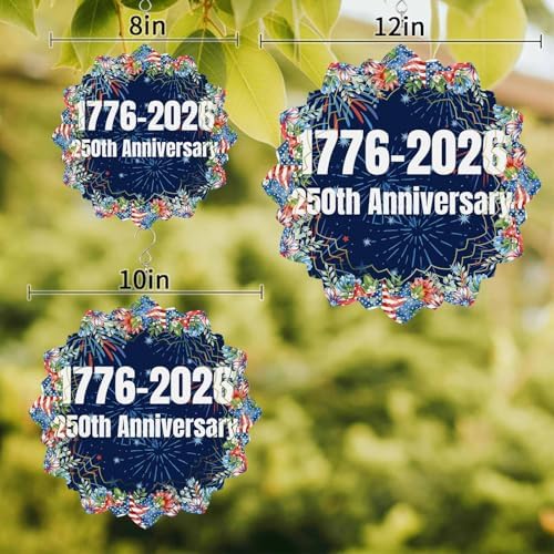 Independence Day Wind Spinner for Garden Yard 12In, 250th Anniversary Blue Red Sparklers Flowers 3D Stainless Steel Kinetic Hanging Wind Spinners Rustproof Outdoor Decor for Lawn Patio Home - Image 4
