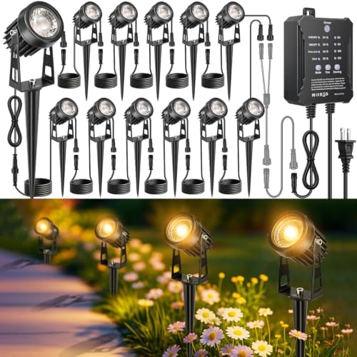 Plug and Play Low Voltage Landscape Lighting Kit with Extension Cable, 12Pack 90FT Wired Landscape Lights with Transformer, Warm White Waterproof Outdoor LED Spotlights for Yard, Garden, Pathway by ROLANCHE