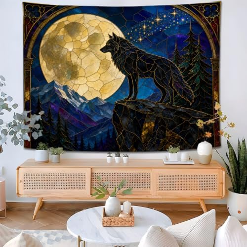 Wolf Tapestry, Full Moon Stained Glass Mountain Forest Decor 70x90inch - Image 4