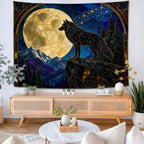 Wolf Tapestry, Full Moon Stained Glass Mountain Forest Decor 70x90inch - Image 4