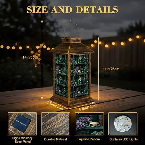 Solar Lantern Outdoor Garden Hanging Lantern Dark Green Shelf Skulls Vintage Books Purple Flowers Gothic Waterproof Solar Powered Lighting Outside Table Lamp for Patio Deck Yard Camping - Image 2