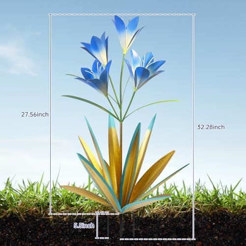 TOMBABY 32.28 Inch Metal Agave Plant Outdoor Decoration Lily Mexican Yard Art Garden Gift Home Decor Hand Painted Metal Agave Garden Yard Statue (2pc, Blue) - Image 2