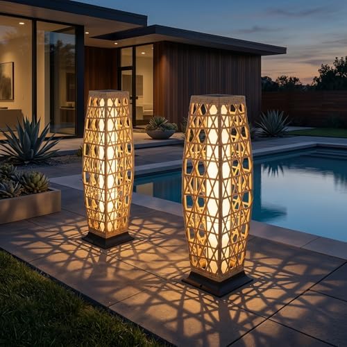 Solar Yard 2-Piece Outdoor Floor Lamp Solar Lantern, Water-Resistant Wicker Boho Patio Light with 50&100 Lumens Dual Brightness for Garden Porch Deck Decor, Large Cindy Natural by SolarYard