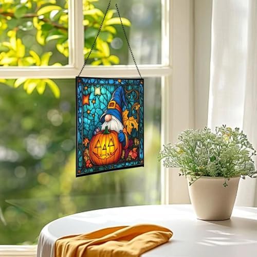 Gnome Pumpkin Lantern Stained Glass Suncatcher – Square Hanging Window Panel for Home or Greenhouse – Whimsical Glass Art Gift for Garden Lovers, Christmas, Halloween, Father Days WS2dno - Image 3