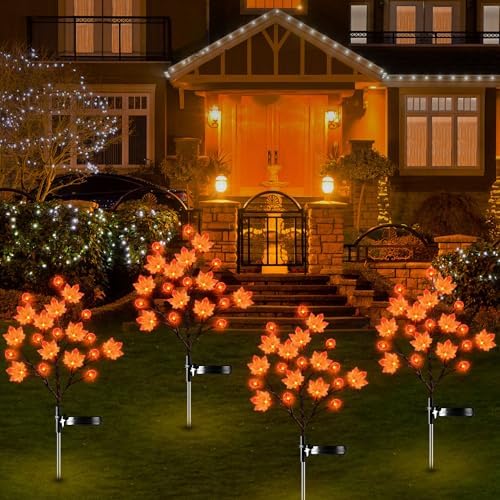 2 Pack Fall Decor Thanksgiving Decorations Lights Solar Lights Outdoor with 3D Maple Pumpkin, 8 Modes Fall Thanksgiving Lights Outdoor Solar Lights Waterproof for Yard Decor - Image 2