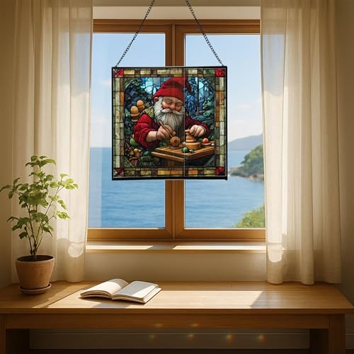 Gnome with Wooden Toys Stained Glass Suncatcher – Square Hanging Window Panel for Home, Garden, Nursery, Halloween, Christmas, Memorial Day – Whimsical Glass Art Gift for Gnome Lovers u59o41 - Image 6