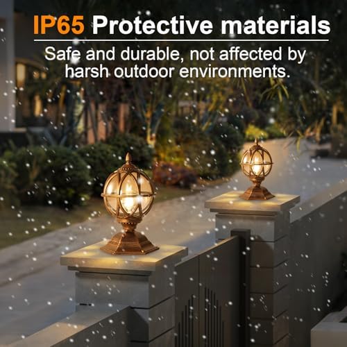 Outdoor Post Caps Lights Fixture Exterior Post Mount Column Lights IP55 Waterproof Pillar Lamps Fence Deck Caps Lanterns With Globe Amber Glass Landscape Lighting Yard Porch Gate Bollard Pedestal Lamp - Image 2