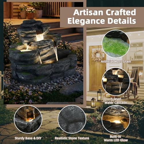 5-Tier Rock Outdoor Water Fountain, 29.7" L Realistic Moss Decor & Cascading Waterfall Fountain with LED Lights, Resin Garden Water Feature for Patio, Yard & Porch, Home Art Décor - Image 2