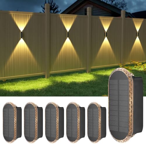 Ellasay Solar Fence Lights Outdoor: 6-Pack Solar Powered Wall Lights Up and Down Waterproof IP65-3 Color Brighter LED Focus Lens SolarLights Dusk to Dawn 12h for Patio/Backyard/Porch/Railing by ELLASAY