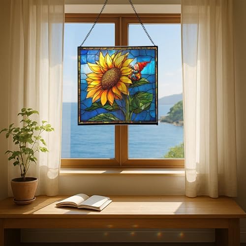 Sunflower Climb Gnome Stained Glass Suncatcher – Square Hanging Window Panel for Home or Greenhouse – Whimsical Glass Art Gift for Garden Lovers, Christmas, Halloween, Father Days 6Bzlqz - Image 6