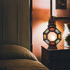 Lewondr Retro Iron Ramadan Candle Lantern, Portable Moroccan Wrought Iron Stained Glass Candle Holder Hanging Lamp Horse Light Wind Lantern for Home Decor Ramadan – Black + Colorful - Image 3