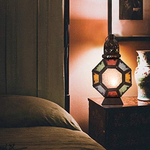 Lewondr Retro Iron Ramadan Candle Lantern, Portable Moroccan Wrought Iron Stained Glass Candle Holder Hanging Lamp Horse Light Wind Lantern for Home Decor Ramadan – Black + Colorful - Image 3