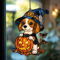 Cute Dog and Halloween Pumpkin Acrylic Suncatcher by AVAGAN