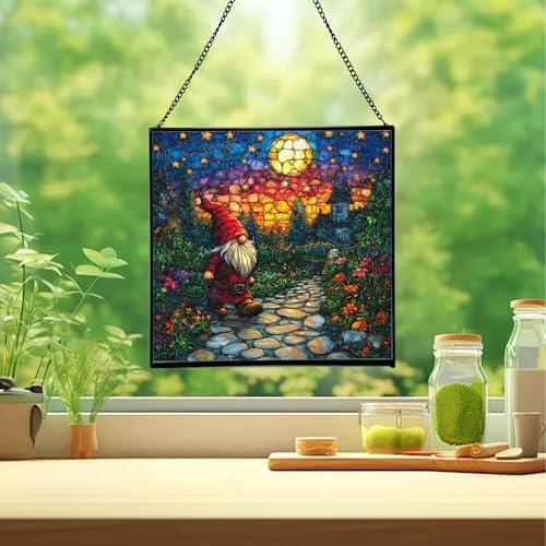 Twilight Garden Gnome Stroll Stained Glass Suncatcher – Square Hanging Window Panel for Home or Greenhouse – Whimsical Glass Art Gift for Garden Lovers, Christmas, Halloween, Father Days CvOKPY - Image 2