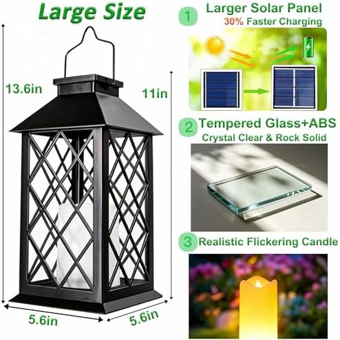 2 Pack 14" Large Tempered Glass Solar Lanterns Outdoor Waterproof, Black - Image 4