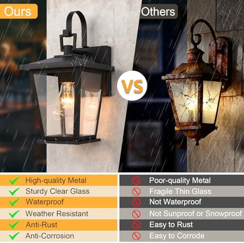 Kalium Outdoor Wall Lantern 2 Pack, Waterproof Exterior Wall Mount Light with Clear Glass in Black Finish, Porch Outside Lighting for Entryway, Backyard, Patio, E26 Base, Clear Glass 12.5 in - Image 6