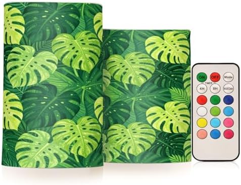 Boho Chic Tropical Palm Leaves Flameless Candles with Remote Control Candles with Timer Waterproof Electronic Lights Glitter Led for Night Battery Operated Pillar 2-Piecing Set by famyily