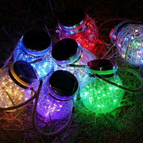 Solar Hanging Mason Jar Lights - Cracked Glass 30 LED Fairy Firefly Lantern String Lights, Outdoor Waterproof Patio Porch Garden Yard Balcony Lawn Wall Lighting Decor - Image 3