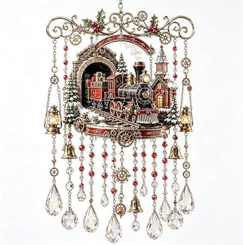 Handmade Christmas Stained Glass Window Decorative Hanging Ornaments Hummingbird Crystal Wind Chime Vintage Home Garden Entryway Fall Winter Decor Gifts(Christmas Train,Large) by Unknown
