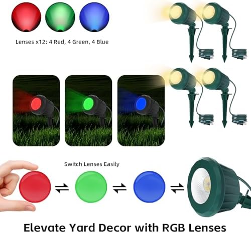 Halloween & Christmas Outdoor Spotlight, 2700K Warm White LED Landscape Spot Lightswith RGB 3 Lenses, IP67 Waterproof, 120V Plug-in for Yard, Garden Tree Holiday Decor (4 Pack, Green) - Image 2