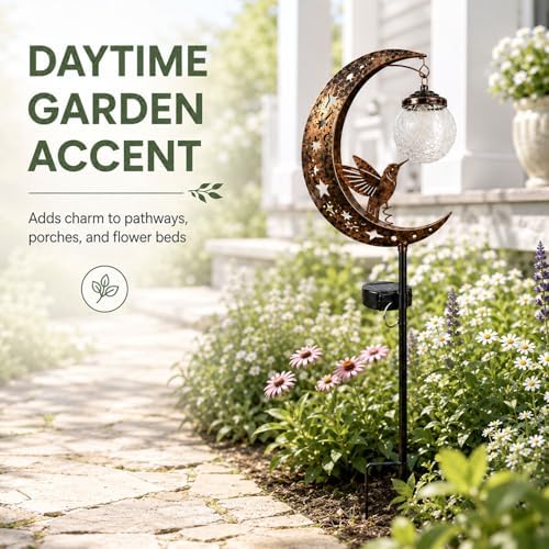 Hummingbird Solar Garden Stake Light, Half Moon Outdoor Decor with Crackle Glass Globe, Water Resistant Metal Yard Lamp for Patio Pathway Lawn (3PCS) - Image 2