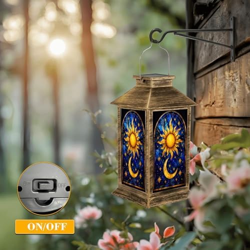 Solar Lantern Outdoor Waterproof Sun Moon Stained Glass Effect Art Stars Deep Blue Gold Garden Decor LED Hanging Solar Lights Tabletop Lamp Gifts for Women Mom Outside Yard Patio Porch - Image 5