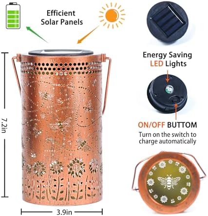 Bee Solar Lanterns Outdoor Waterproof Hanging Solar Lights Bee Gifts for Women Men Metal Honeybee Decorative LED Lanterns for Yard, Patio, Lawn, Tabletop, Pathway, Landscape, Garden Decor - Image 6