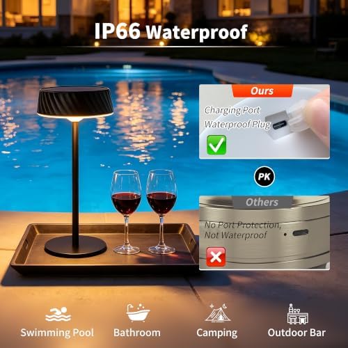 Solar Outdoor Waterproof Cordless Rechargeable Set of 2 Table Lamp, Portable Touch Dimmable Battery Operated Table Light with Adjustable Height Pole, for Patio Restaurant Kitchen (Black 2 Pack) - Image 5