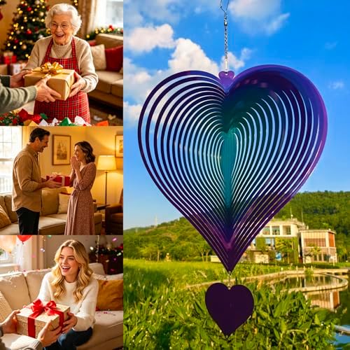 DJUAN 15in Large Heart Wind Spinner Garden Decor,Gifts for Women,Mom and Grandma,Mother's Day,Birthdays, Purple-Green Stainless Steel Hanging Yard Art Outdoor & Indoor Decorations - Image 4