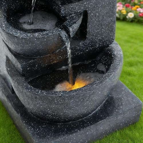 29" H Terrazzo Style Outdoor Water Fountain, 4-Tier Cascading Bowls with Stacked Stone Design and LED Lights, Freestanding Resin Water Feature for Garden Patio Porch - Image 7