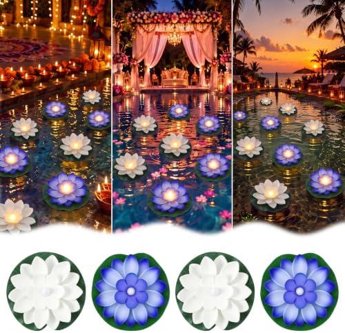 Liliful 24 Pcs Diwali Floating Lotus Lights, 3.94 Inch, White,Blue by Liliful